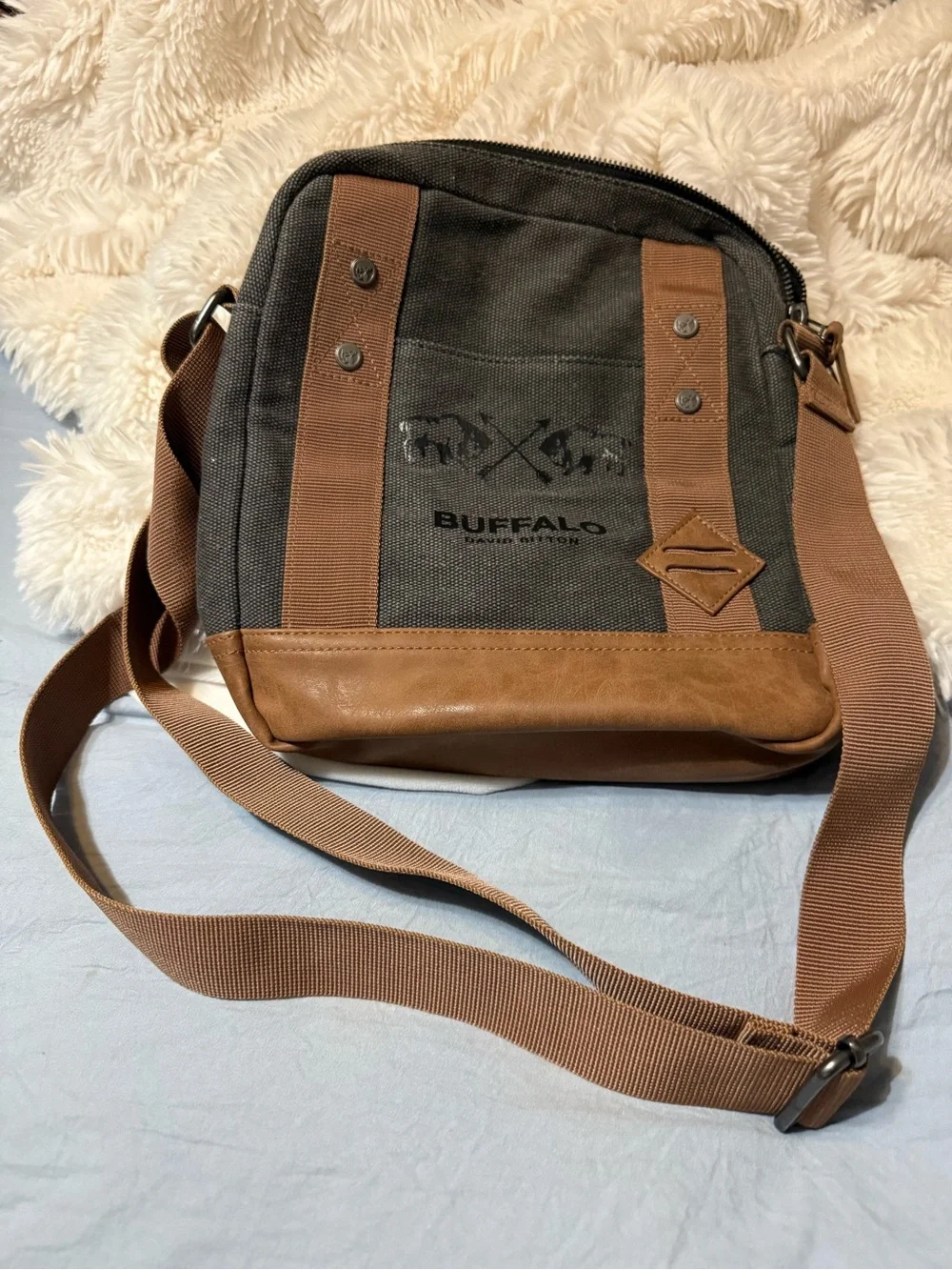 Buffalo David Bitton Gray and Brown Canvas Messenger Bag